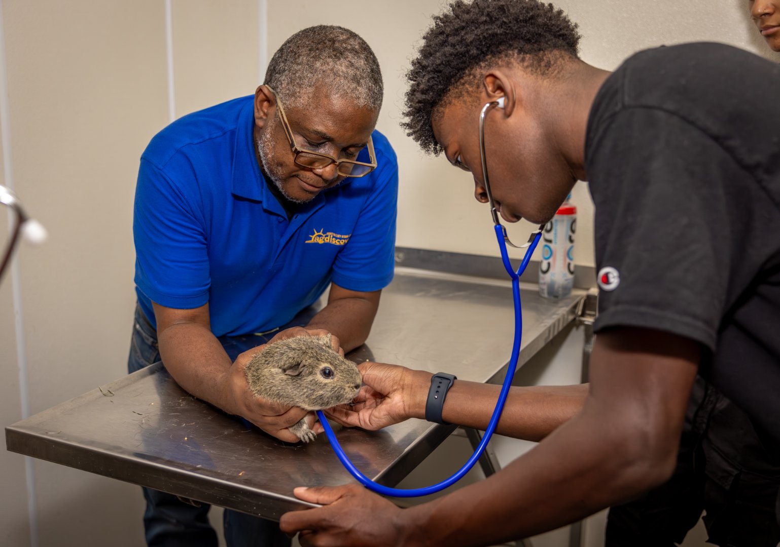 James Spears excitedly examines a Guinea pig with help from Dr. Saul Mofya, head of FVSU’s Veterinary Science and Public Health Department.