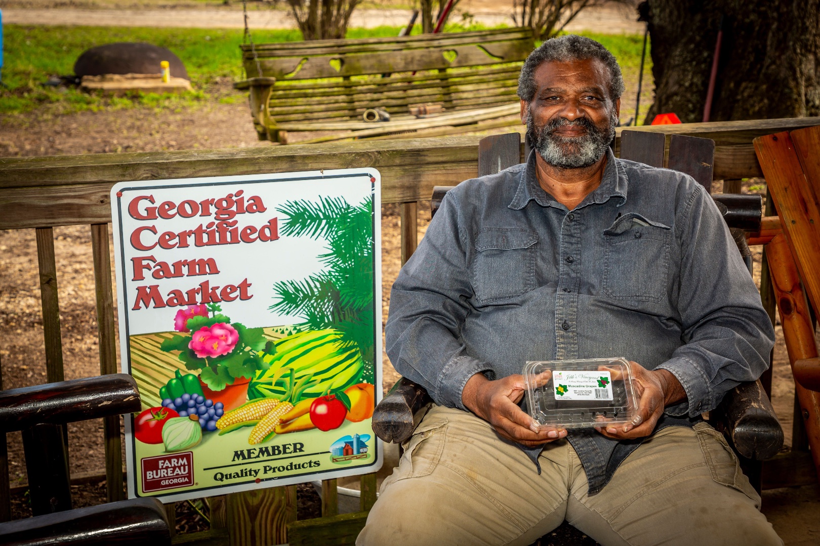 James sells his muscadines, peaches and plums locally as a Georgia Certified Farm Market.