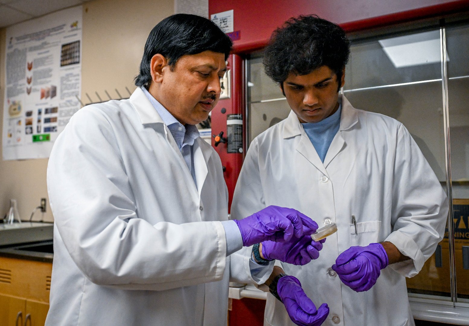 Dr. Hari Singh, FVSU professor and chair of the Department of Agricultural Sciences, mentors Degala in the Nanotechnology Laboratory.