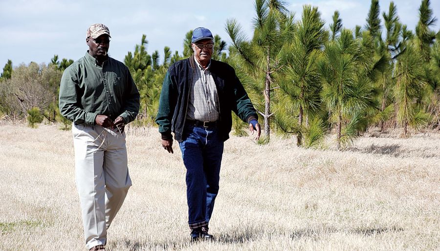 Extension Agent Titus Andrews walks in field with client farmer