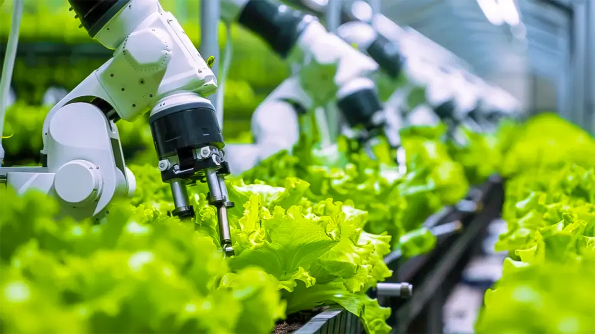 robotic arms tending leafy green plants.