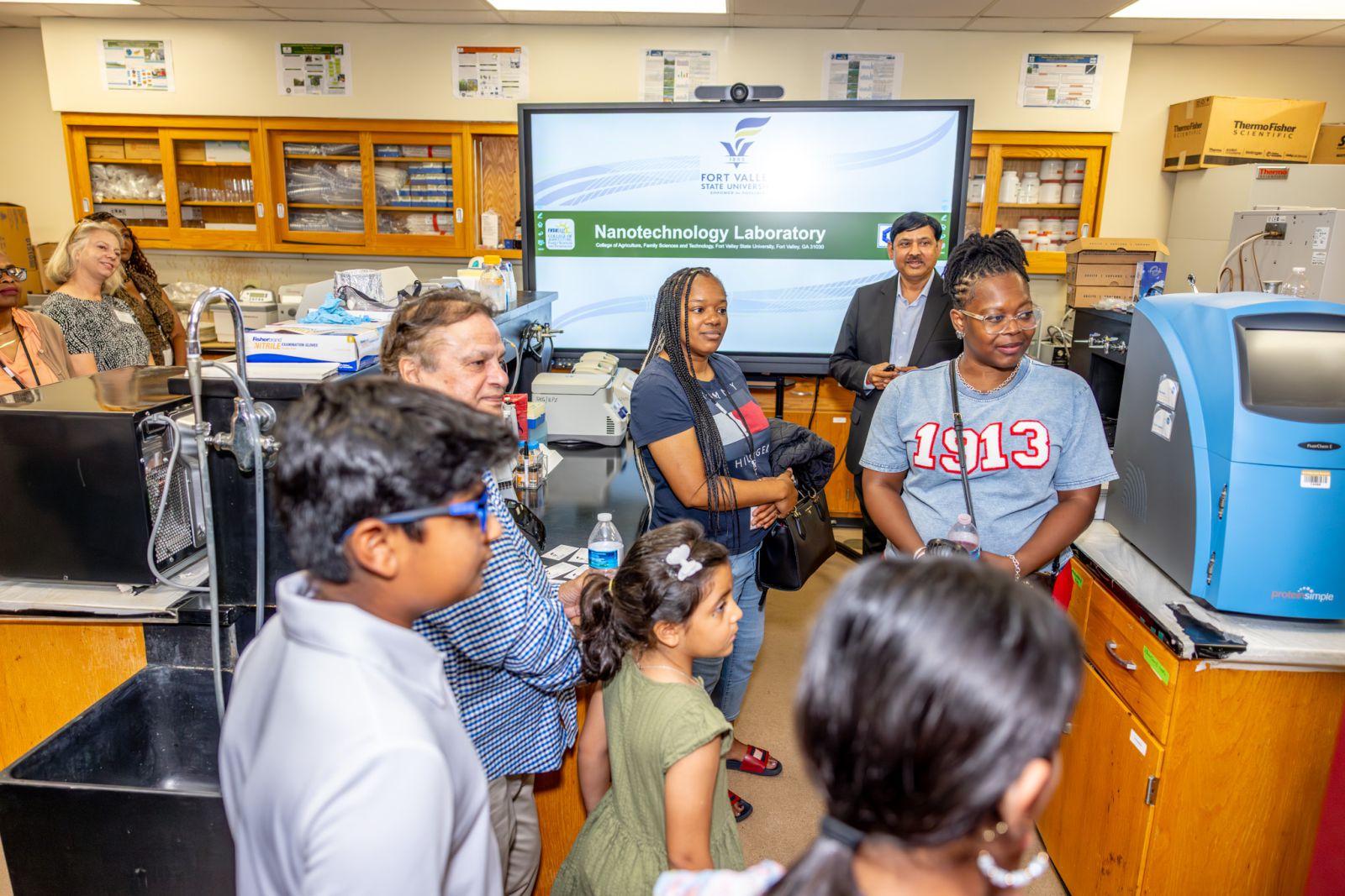 Teachers tour the FVSU Nanotechnology Laboratory led by Hari Singh, Ph.D., chair of the Department of Agricultural Sciences.