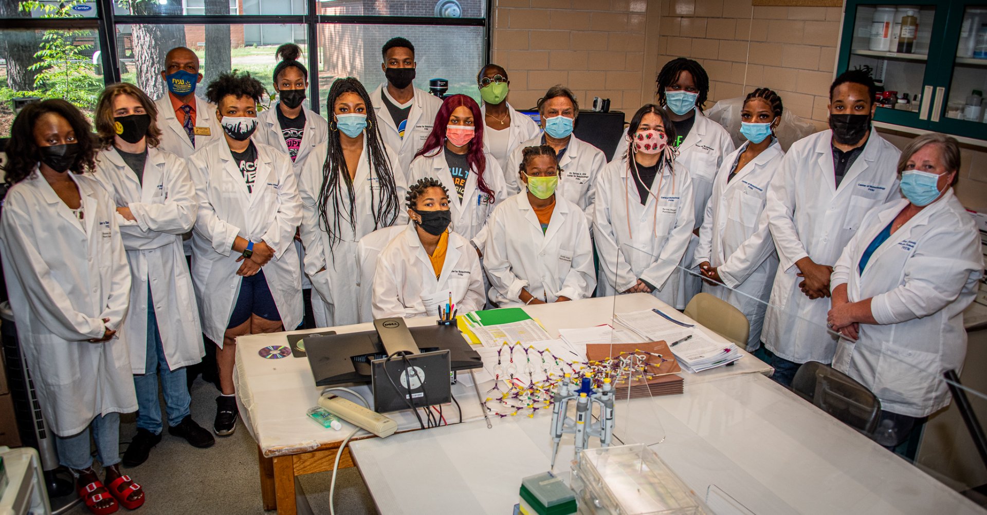 Several plant science-biotechnology students took advantage of summer internships this year. Shown also are Dr. Sarwan Dhir, plant biotechnology professor, and Dr. Ralph Noble, dean of the College of Agriculture, Family Sciences and Technology.