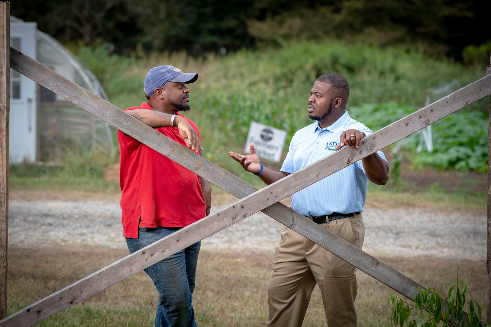 Photo by Preston Keres. Brooks visits Jon Jackson, who is the executive director of Comfort Farms in Milledgeville, Georgia.