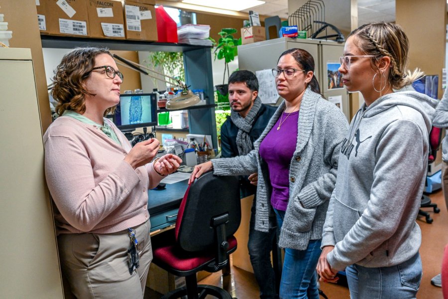 Samantha Sherman, a Fort Valley State University research assistant, explains a procedure to visitors from Puerto Rico.